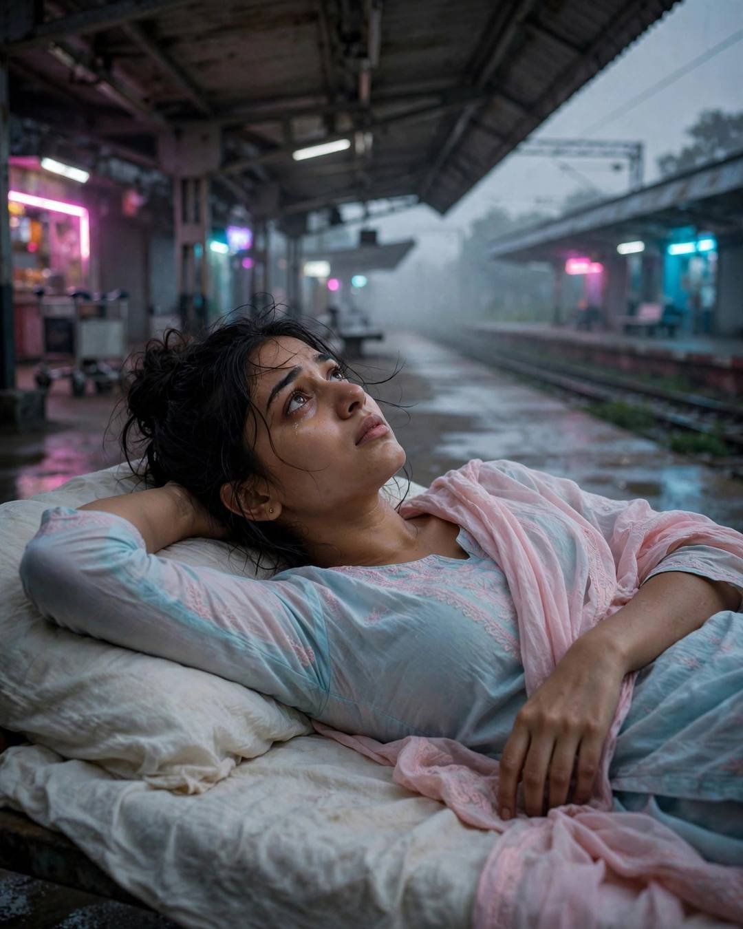 Young Indian woman in pastel salwar-kameez reclining on a neon-lit railway platform at night
