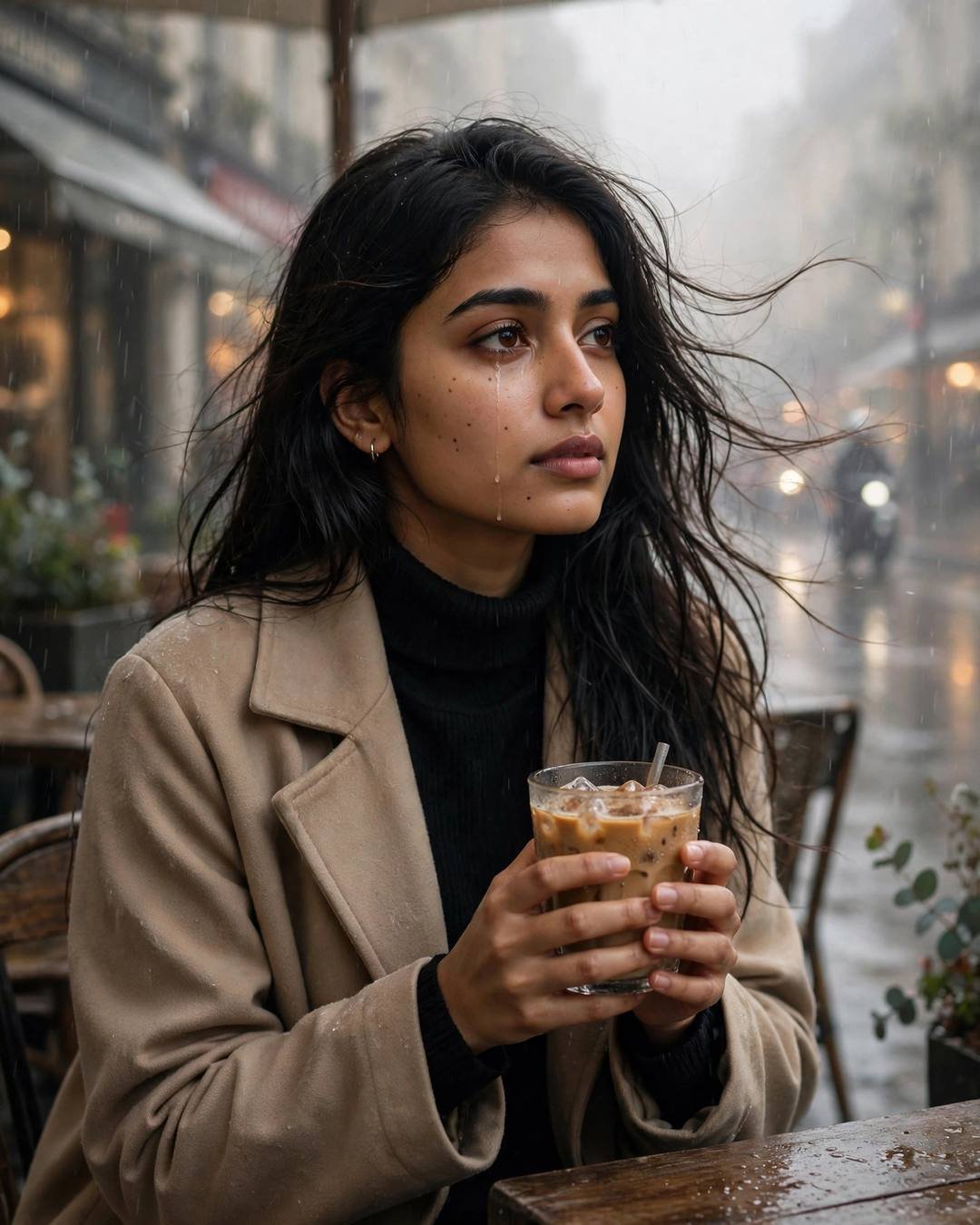 Young Indian woman in black turtleneck holding an iced coffee at a rainy cafe, tear of relief on her cheek