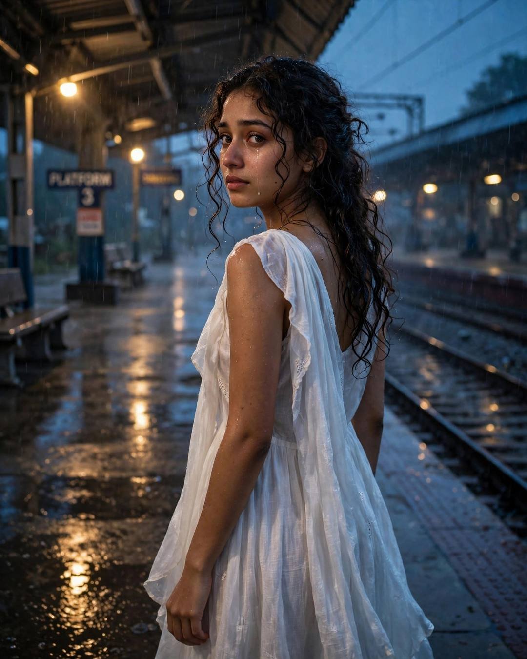 Young Indian woman in white dress on a rainy railway platform at night, tear of relief on her cheek