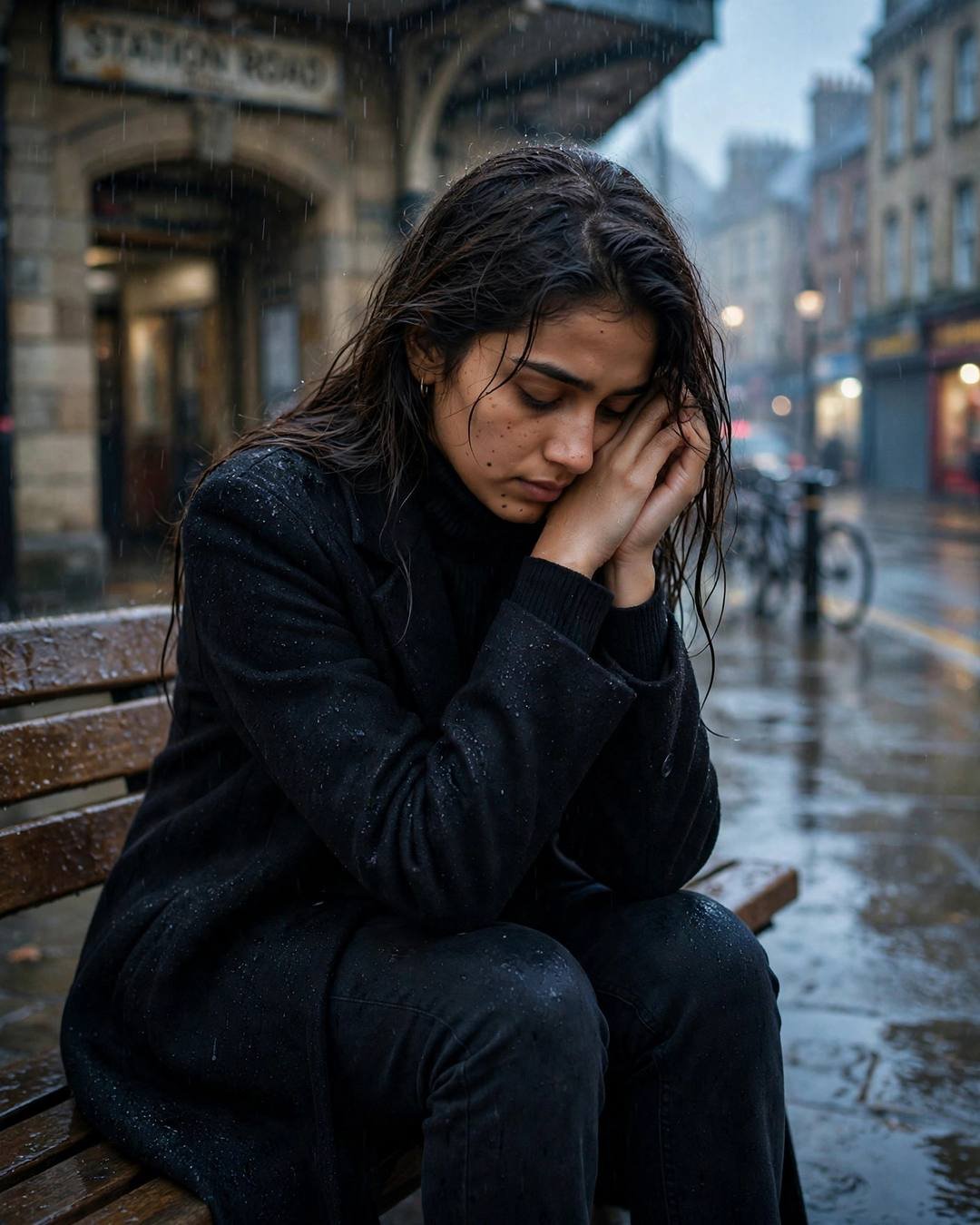 Young Indian woman in black coat sitting on a station bench in the rain, head in her hands, wet hair, blurred city behind
