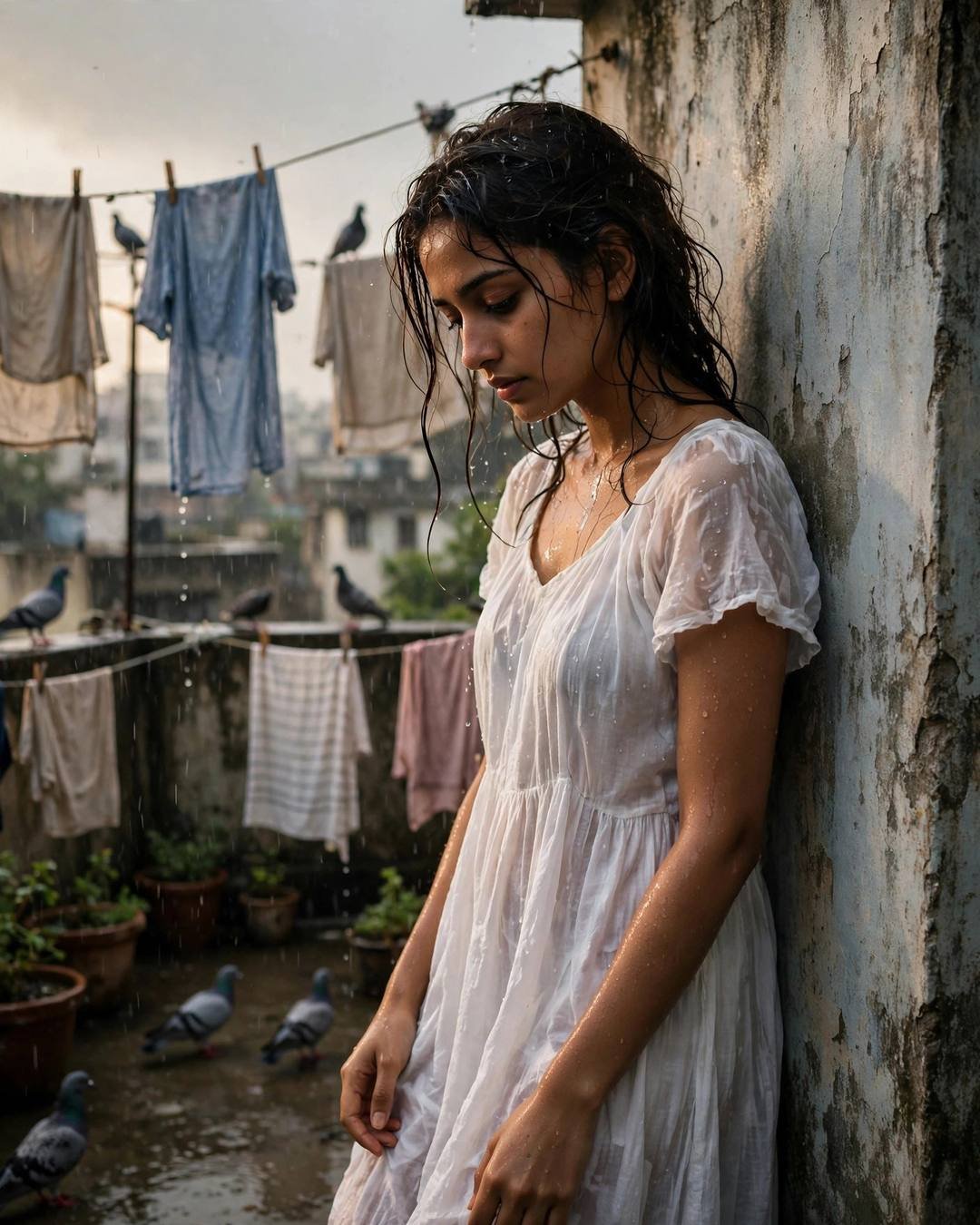 Young Indian woman in white summer dress leaning against a weathered wall on a drizzly terrace, head bowed, pigeons nearby