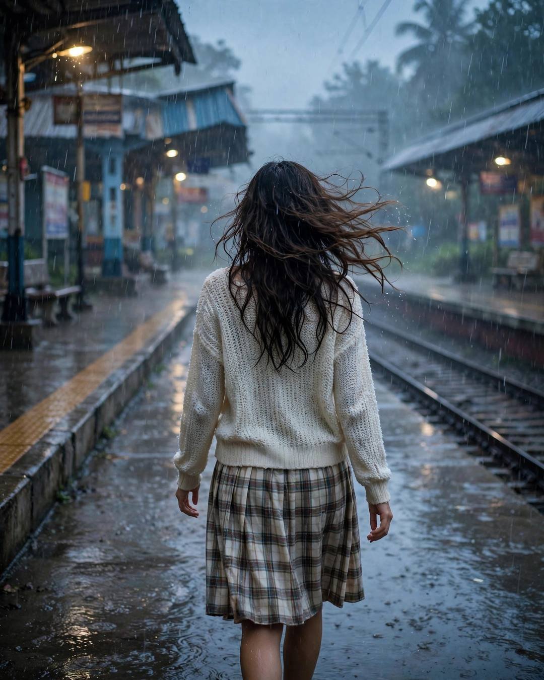 Young Indian woman walking away down a rain-soaked railway platform at dawn, cream knit top and plaid skirt, hair in the breeze