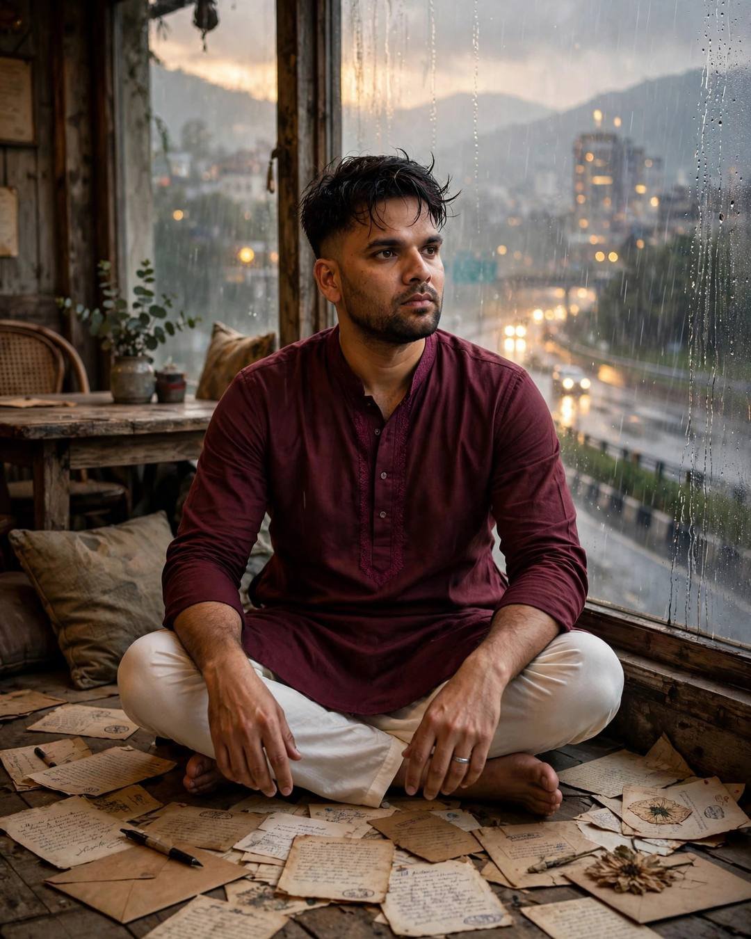 Photorealistic cinematic AI portrait of a young man in a maroon kurta among old letters in a rainy cafe