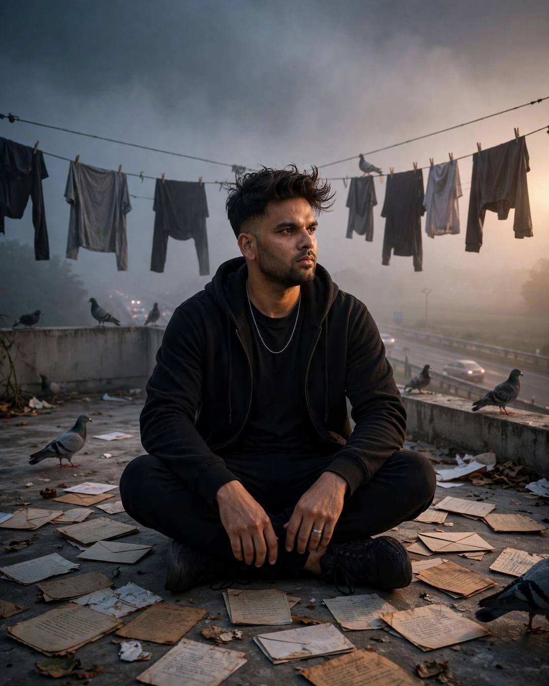 Photorealistic cinematic AI portrait of a young man in black streetwear among letters on a foggy terrace