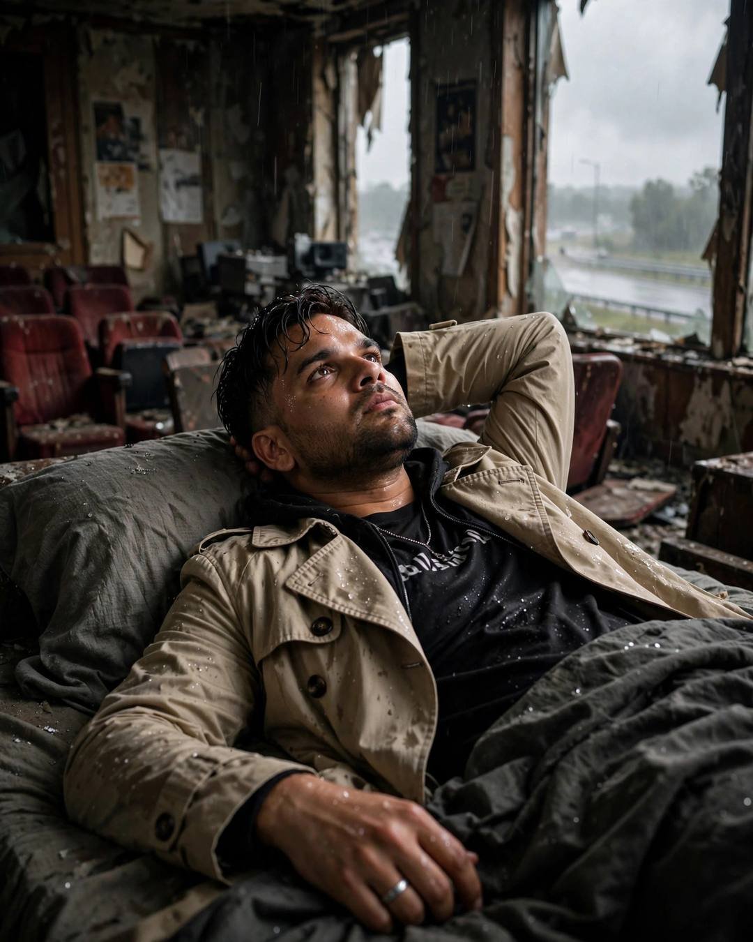 Photorealistic cinematic AI portrait of a young man in a beige trench coat reclined in an abandoned cinema