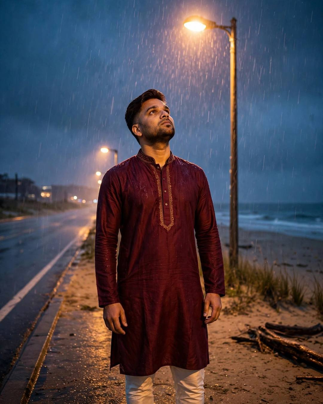 Photorealistic cinematic AI portrait of a young man in a maroon kurta under a rainy streetlamp at dusk