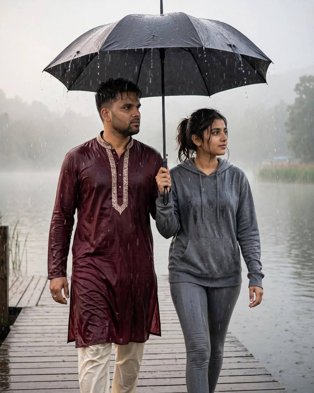 Couple walking side by side under one umbrella on a foggy lake pier at dawn, rain falling, shoulders touching
