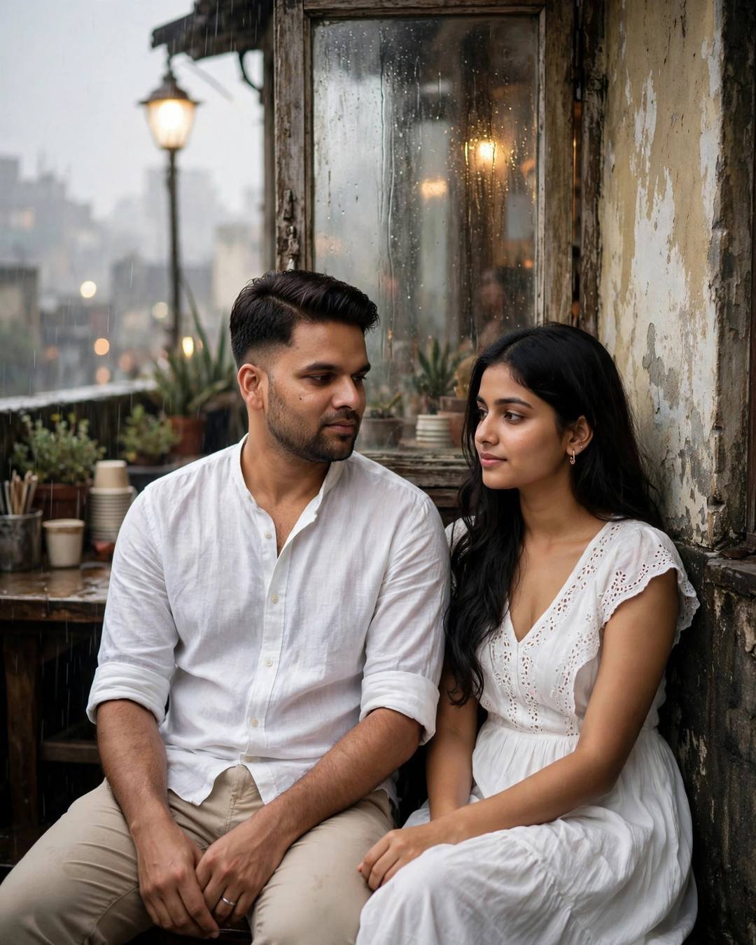 Couple sitting close outside an old café in light rain, fogged window glowing behind them, white linen and white dress