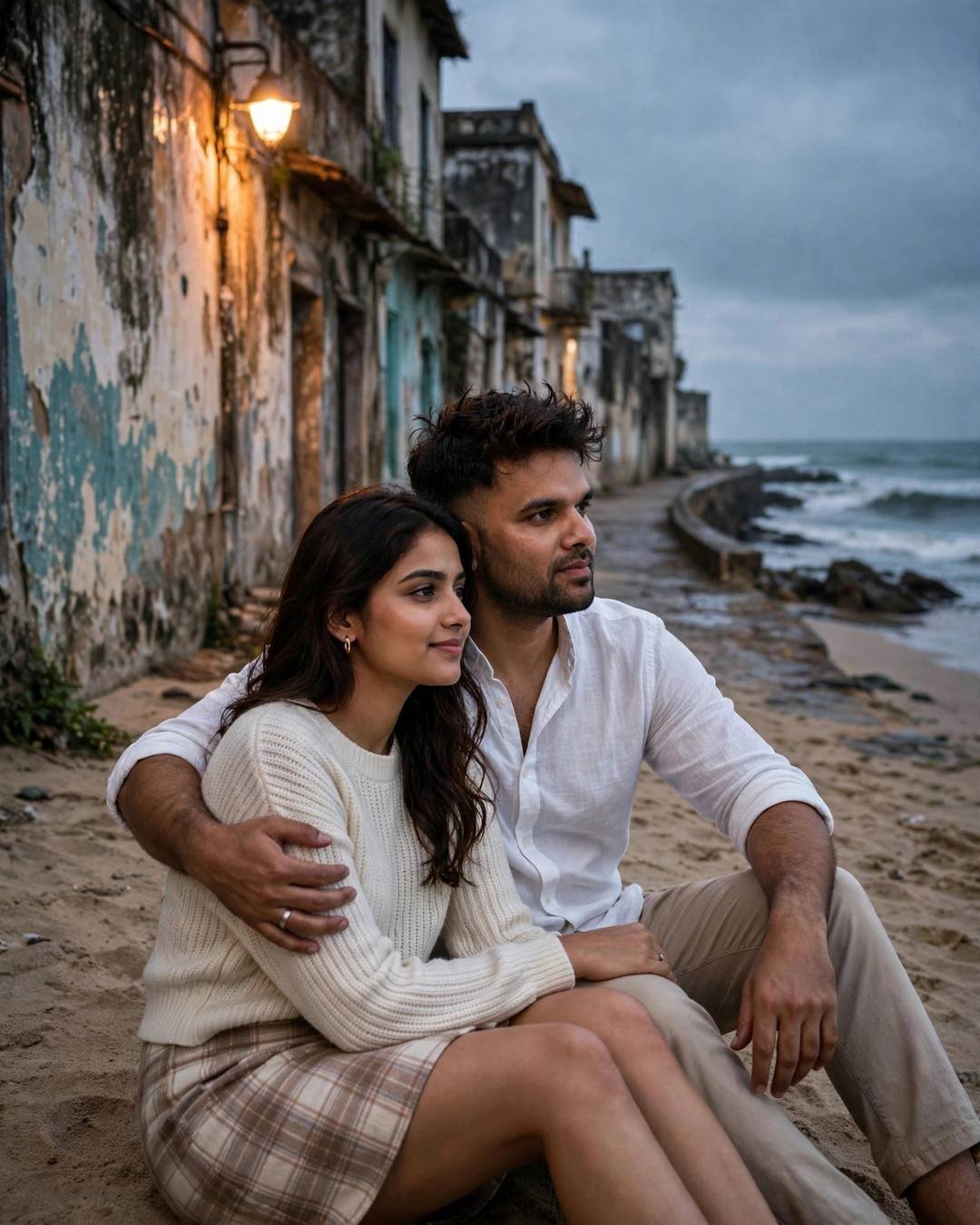 Couple sitting on sand where an old-city lane meets the sea, his arm around her, vintage streetlamp glowing above