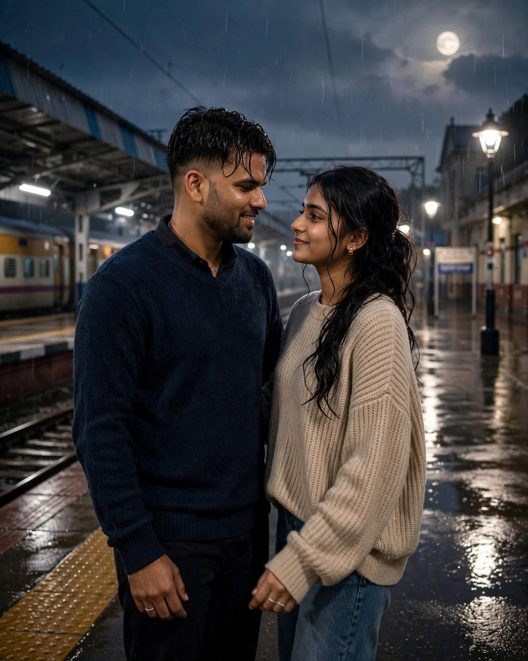 Couple standing close on an empty moonlit railway platform at night, gazing at each other, wet tracks reflecting lamplight