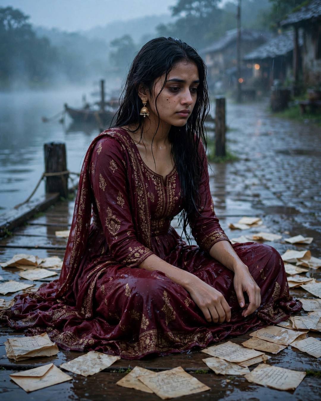 Young Indian woman in maroon anarkali with jhumkas sitting cross-legged on a wet lake pier at dawn surrounded by old love letters