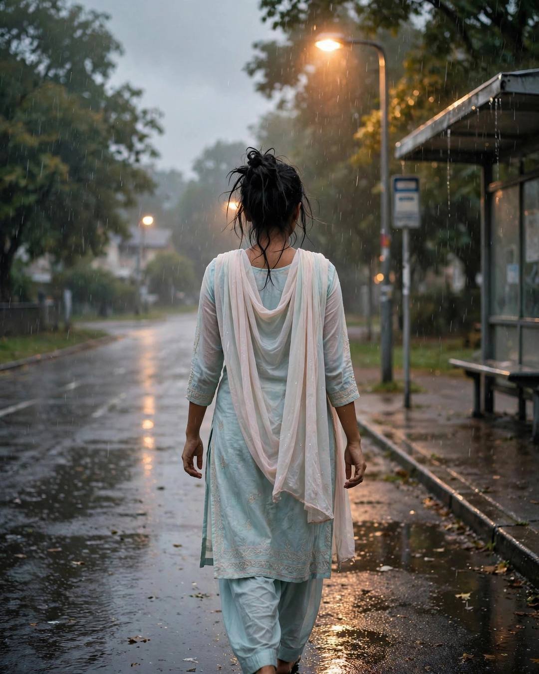 Young Indian woman in pastel salwar-kameez walking away down a rainy road at night past a bus stop, dupatta trailing