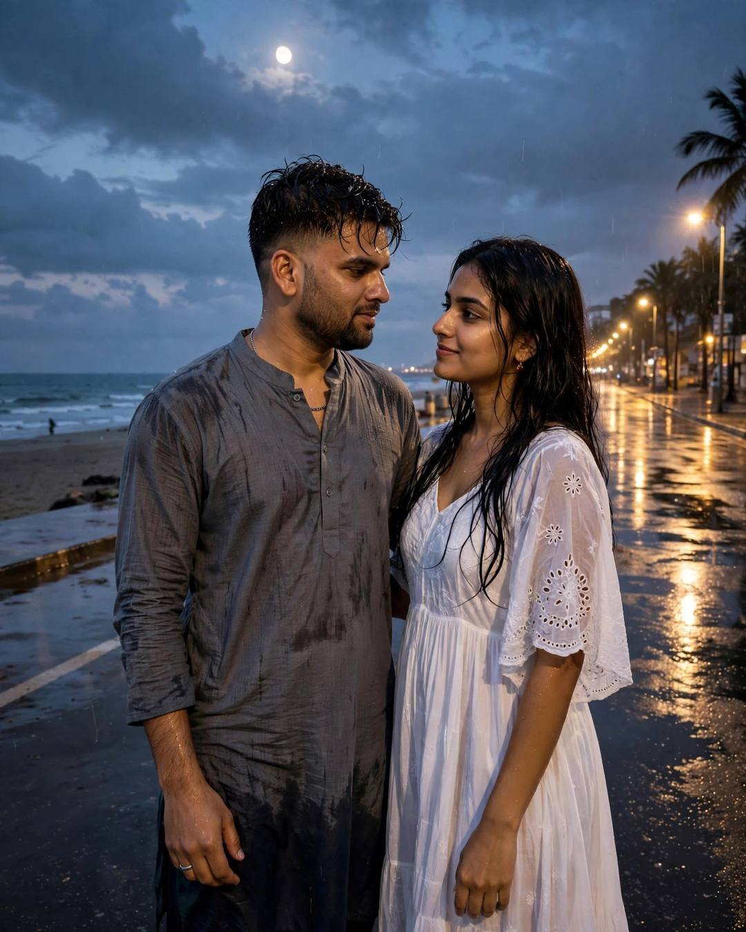 Couple embracing on a rain-wet coastal road under a full moon — man in grey kurta, woman in white embroidered dress