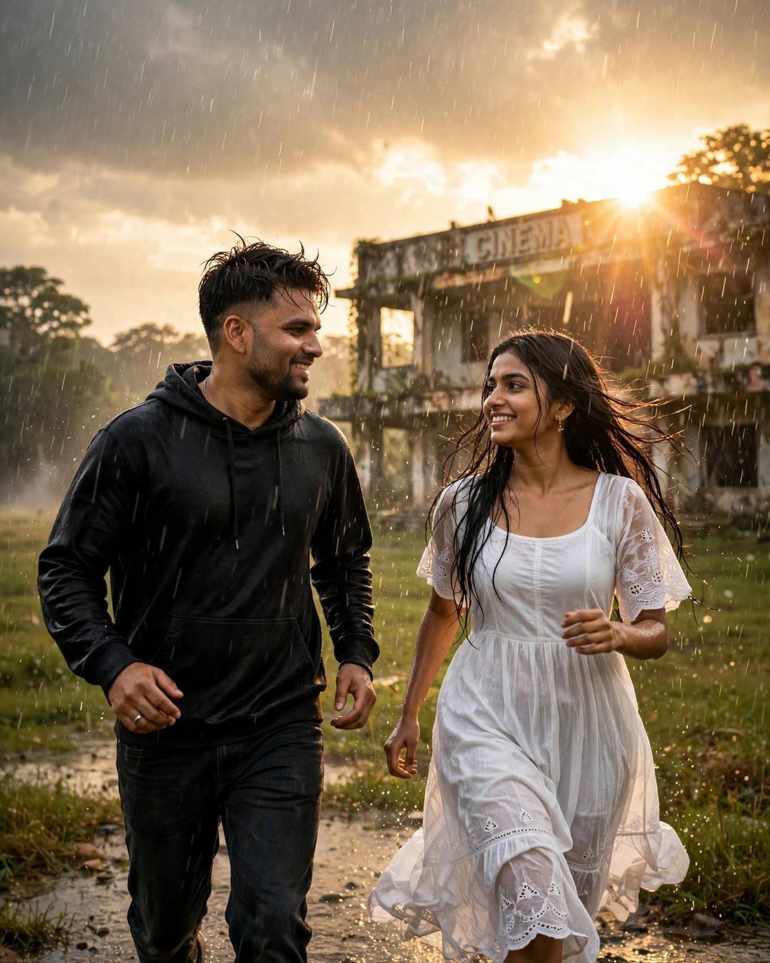 Couple running and laughing through the rain at golden hour by an abandoned cinema — man in black hoodie, woman in white dress