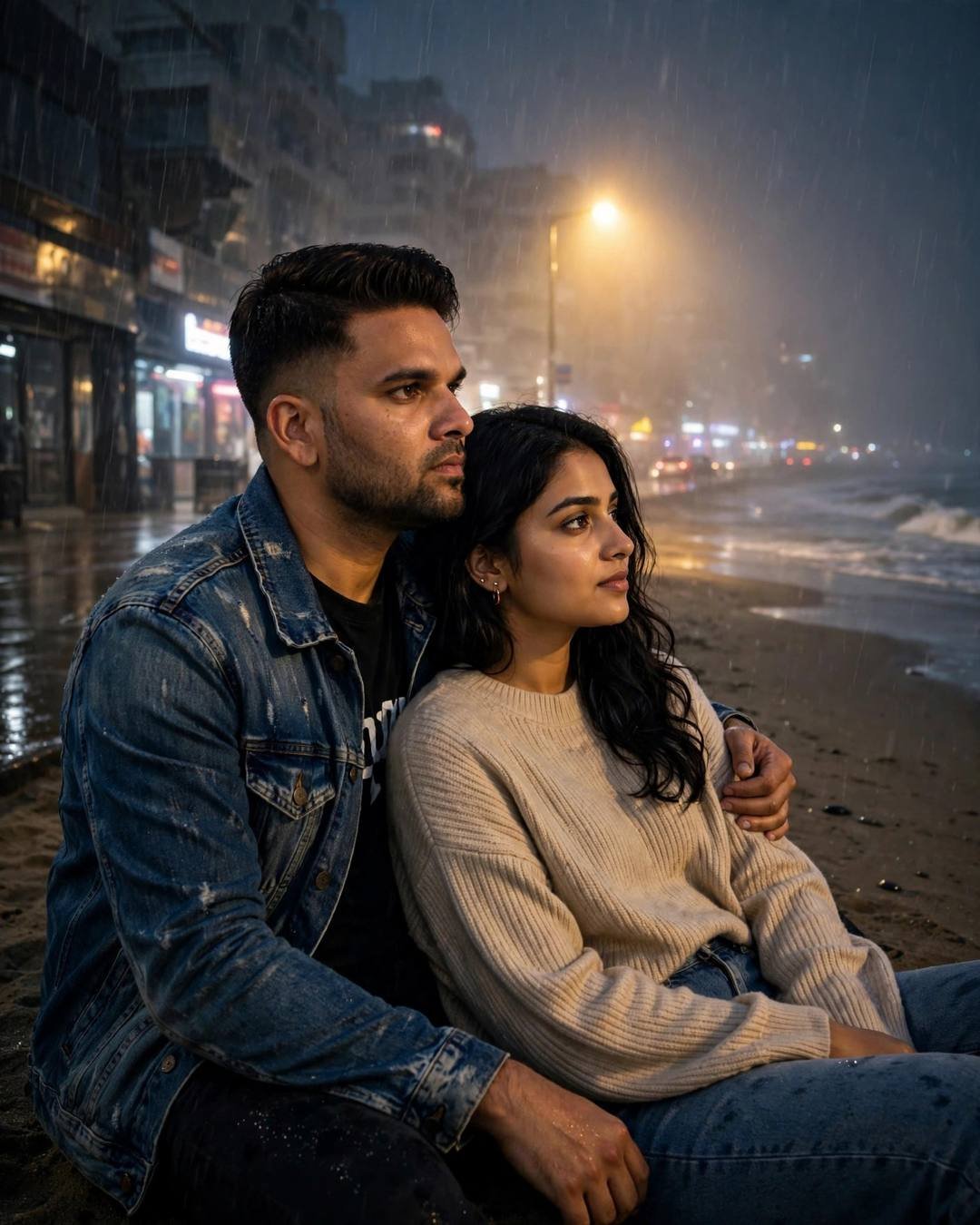 Couple sitting close on a rain-wet beach at midnight — man in distressed denim jacket, woman in beige sweater