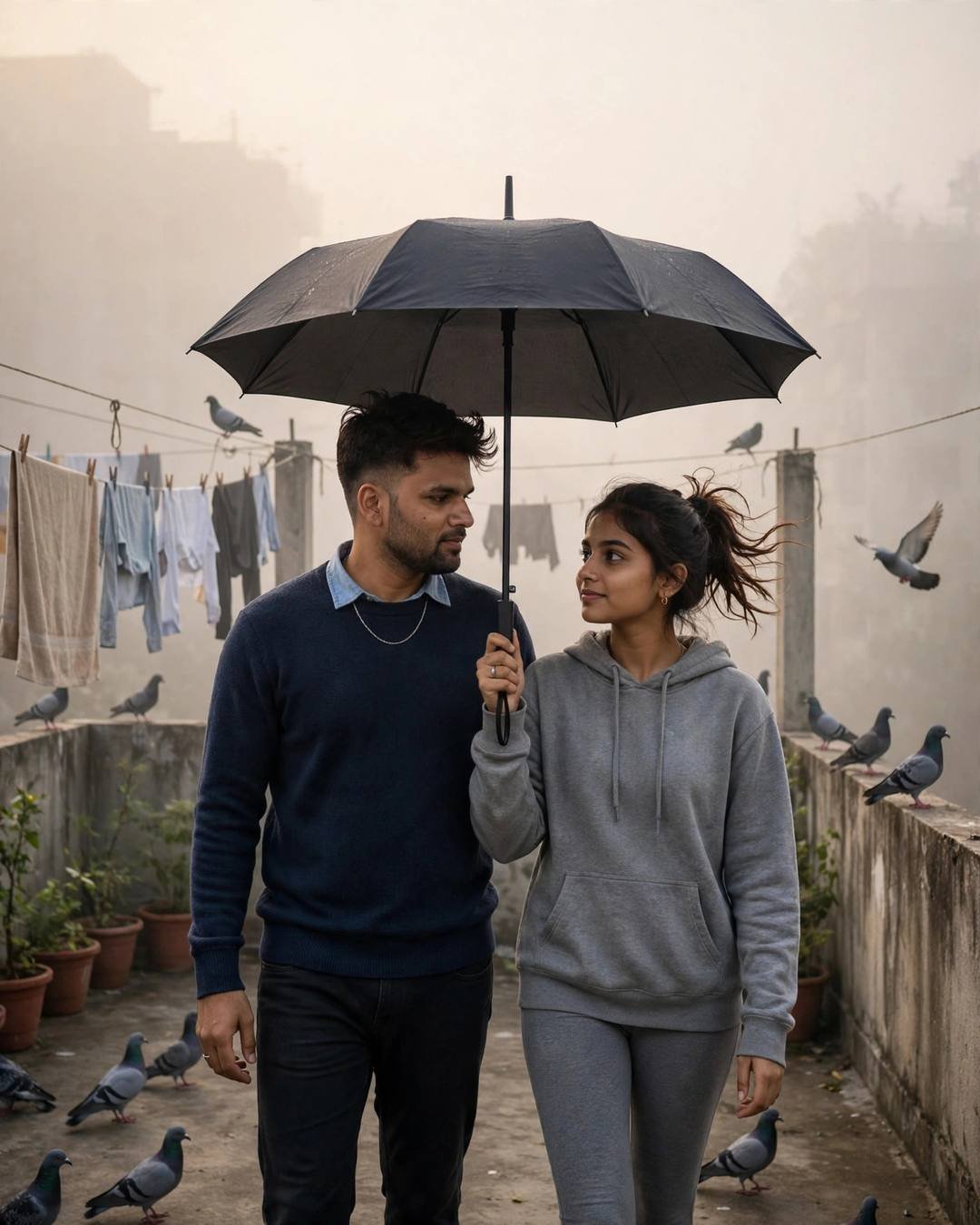 Couple walking under one umbrella on a foggy terrace with washing lines and pigeons — man in navy sweater, woman in grey hoodie