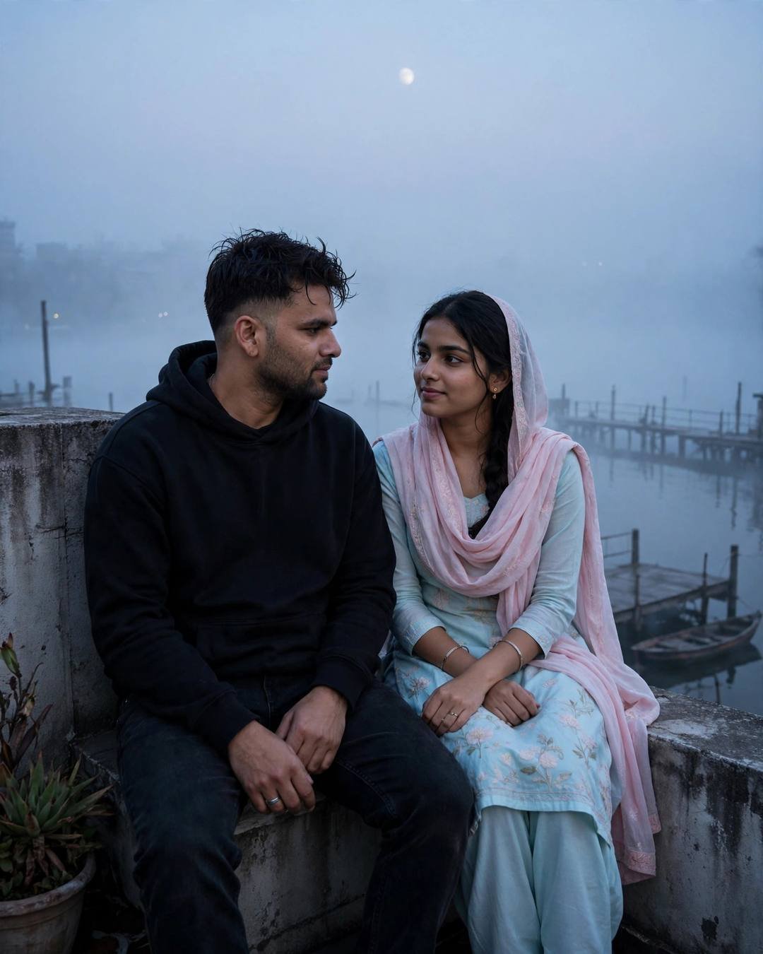 Couple sitting in silence on a rooftop wall at blue hour above a misty lake — man in black hoodie, woman in pastel salwar with dupatta