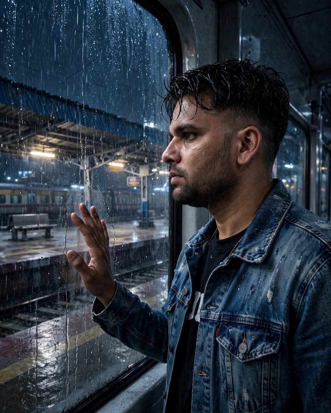 Young man in distressed denim jacket with hand on a rain-streaked window at an empty railway platform at night