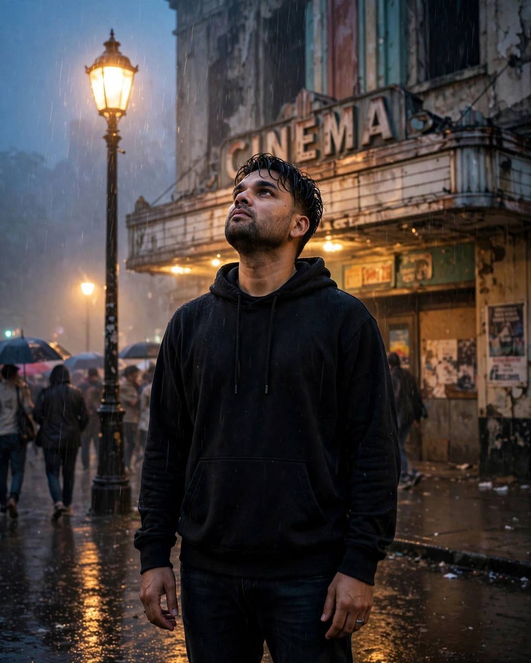 Young man in black hoodie under a streetlamp in the rain, face lifted to the sky, abandoned cinema facade behind