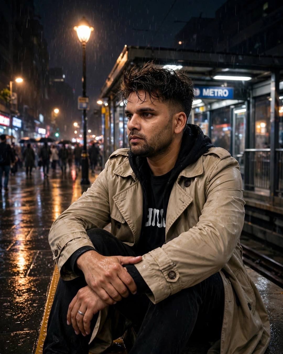 Young man in beige trench coat sitting with knees drawn up at a midnight metro station in the rain