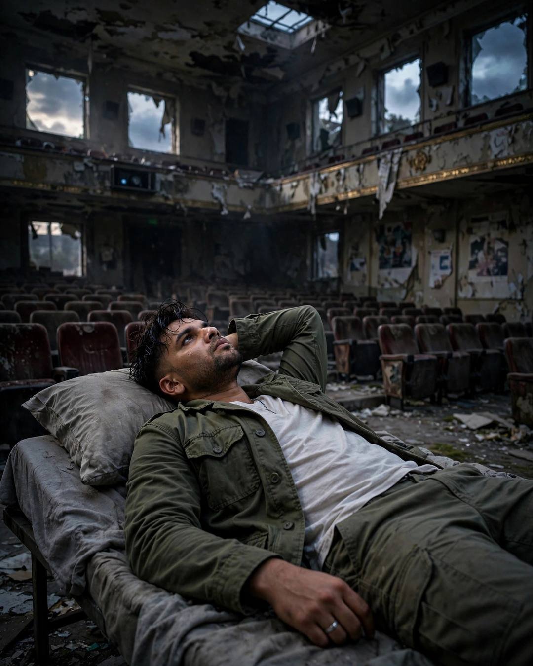 Young man in olive field jacket reclining in an abandoned cinema hall at night, moonlight through the broken roof