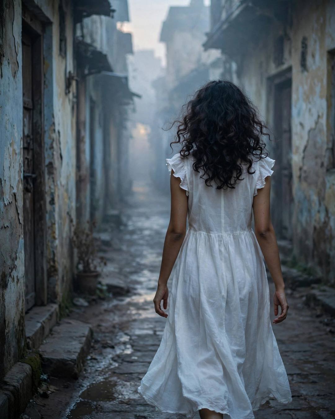 Young Indian woman in a white dress walking away down a foggy old-city lane