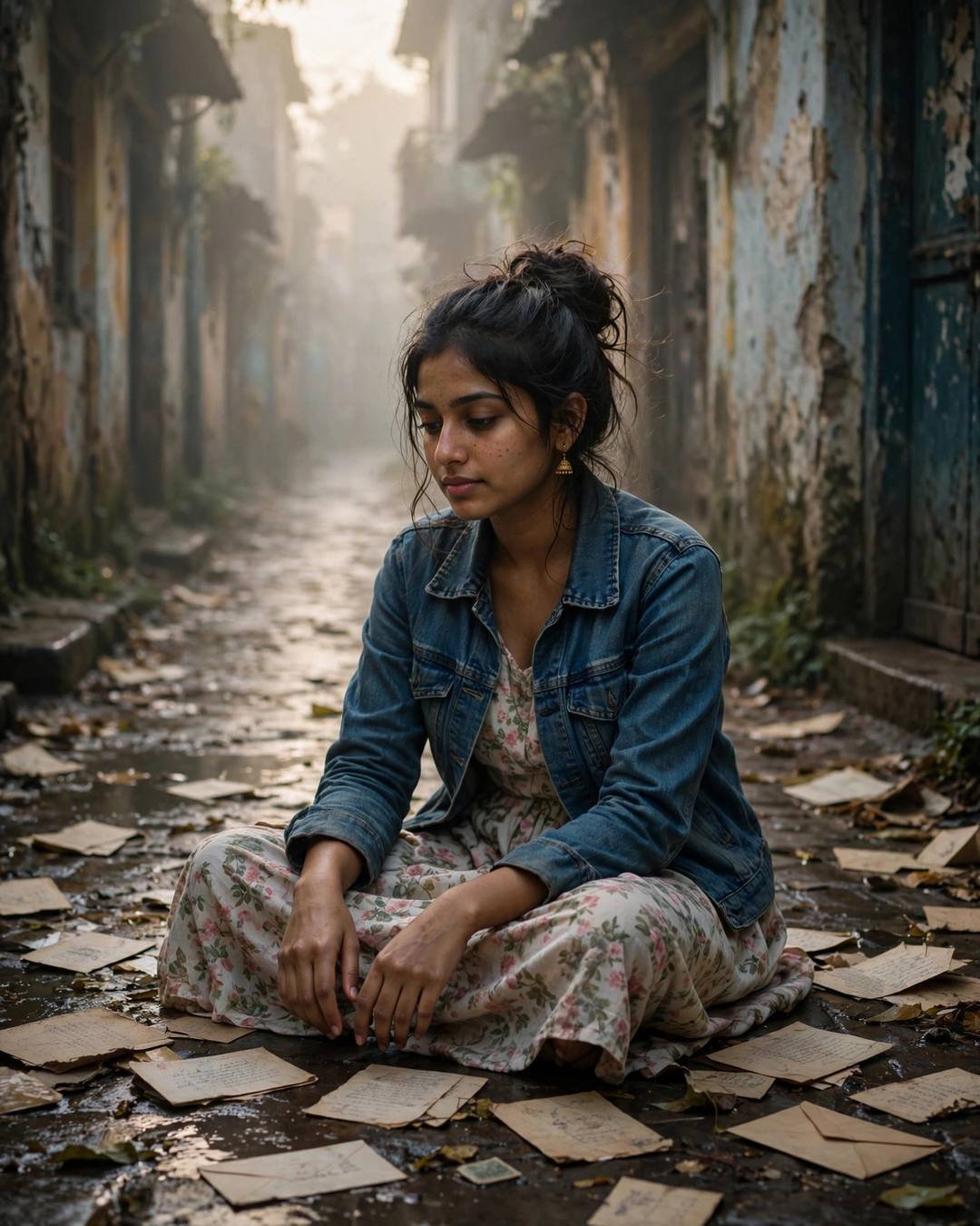 Young Indian woman in denim jacket and floral dress sitting cross-legged among old letters in a wet old-city lane