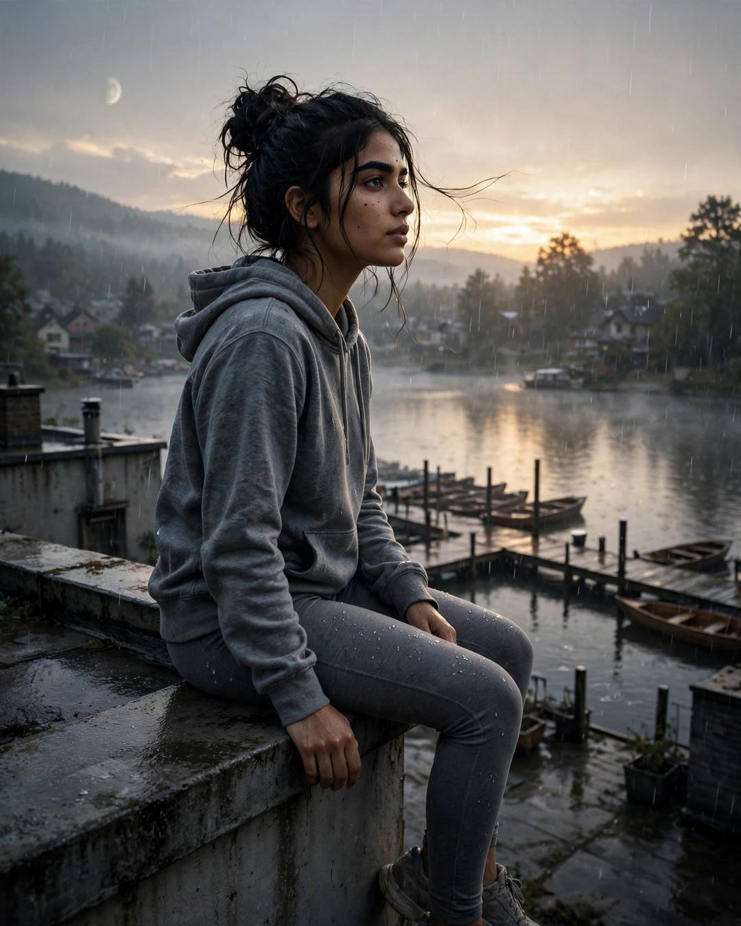 Young Indian woman in grey hoodie sitting on a rooftop ledge above a lake pier at dawn in the drizzle