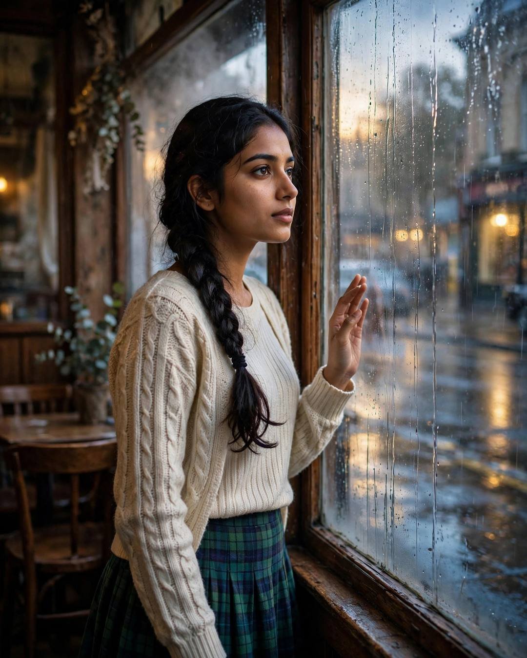 Young Indian woman in cream knit top and plaid skirt with hand on a rain-streaked cafe window
