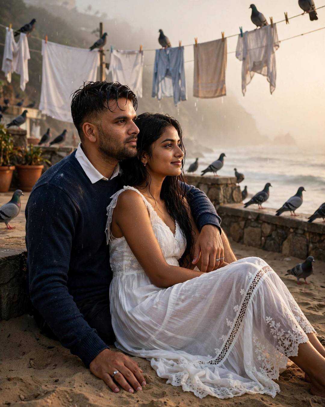 Couple sitting close on a beach terrace at golden hour — man in navy sweater with arm around woman in white dress, pigeons and washing lines