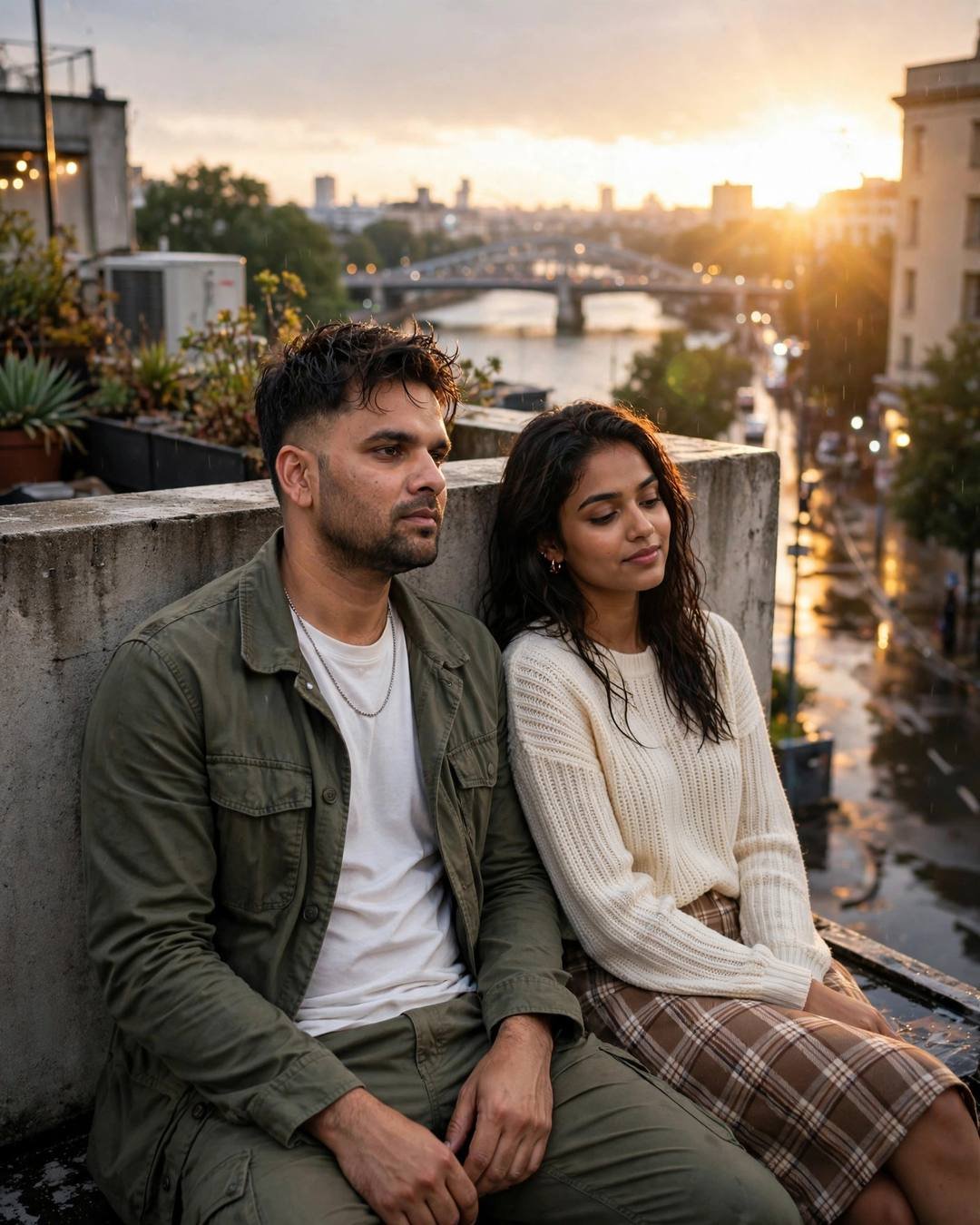 Couple sitting close on a rooftop at golden hour by a river — man in olive field jacket, woman in cream knit top