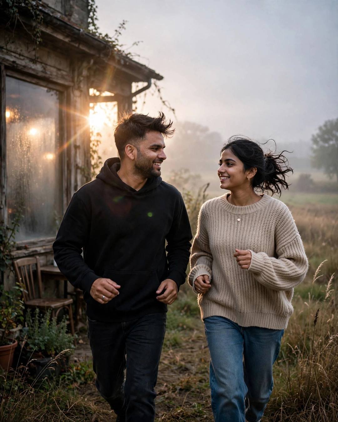 Couple running and laughing past an old cafe with fogged windows at golden hour — man in black hoodie, woman in beige sweater