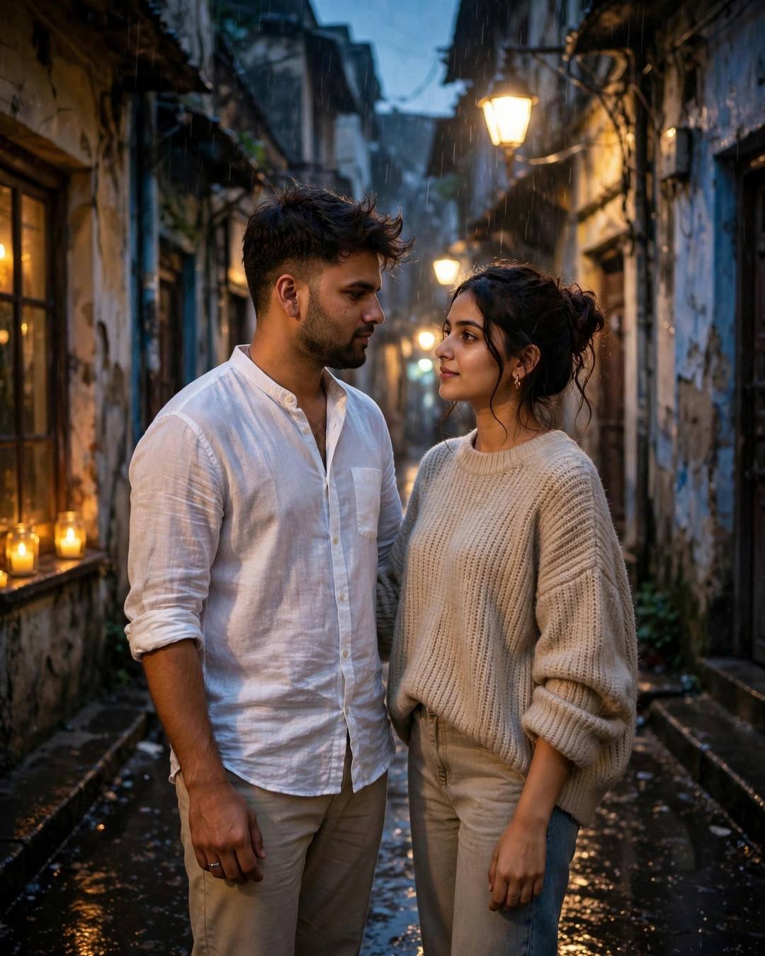 Couple standing close in a rain-wet old-city lane at blue hour — man in white linen shirt, woman in beige sweater, candles on a windowsill