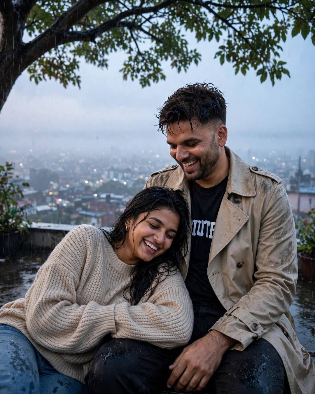 Couple laughing together on a rooftop at blue hour in the rain — man in beige trench coat, woman in beige sweater leaning on him