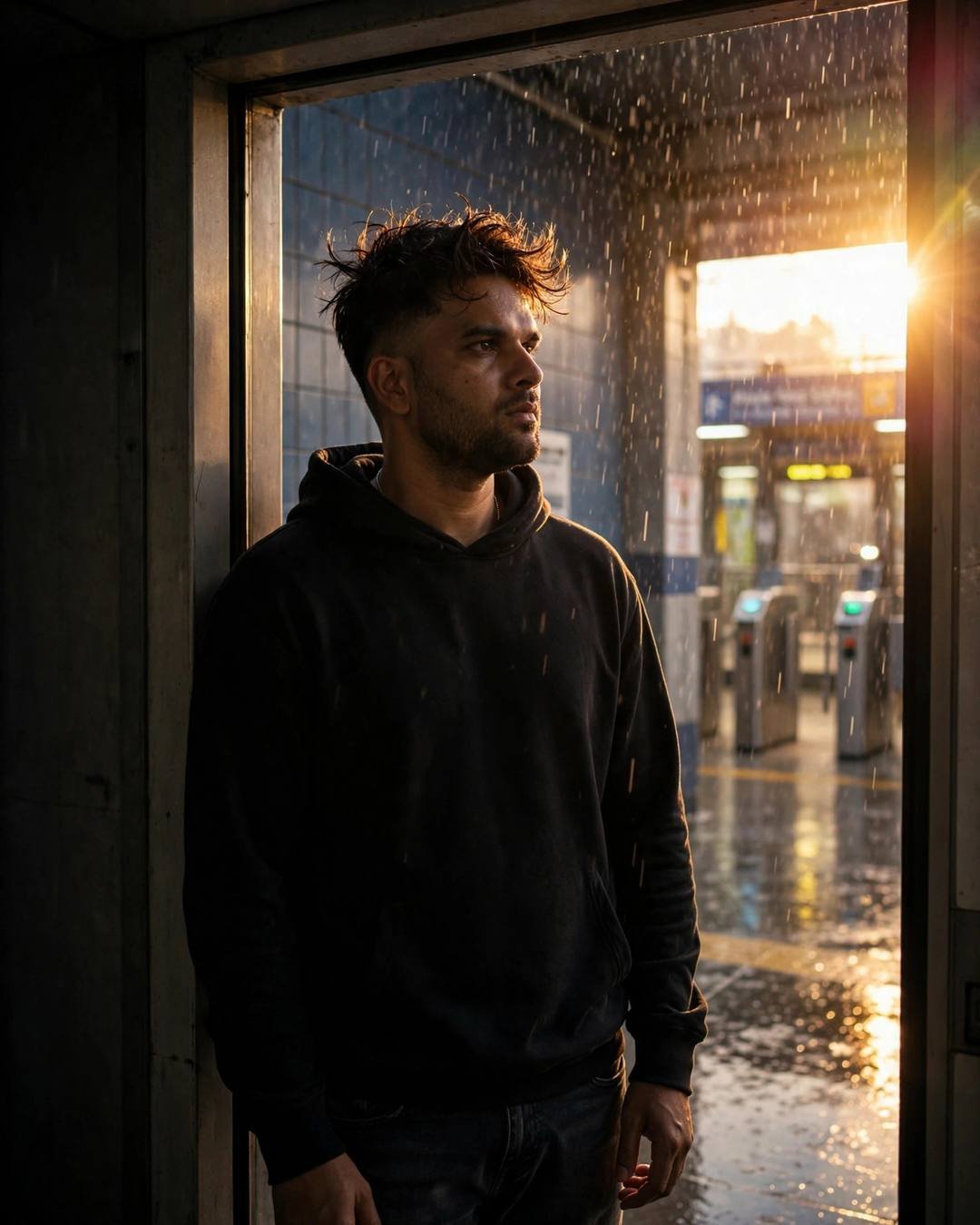 Young Indian man in black hoodie standing in a metro station doorway at golden hour in the drizzle
