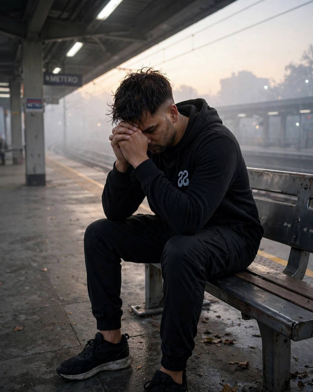 Young Indian man in all-black streetwear sitting on a foggy metro platform bench at dawn with head in hands