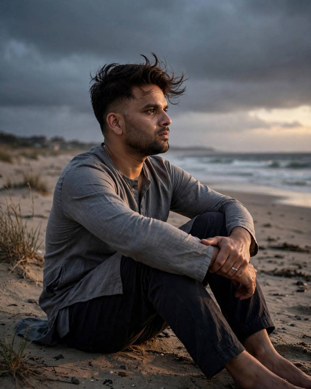Young Indian man in grey kurta sitting with knees drawn up on a deserted beach at dusk under dramatic side light