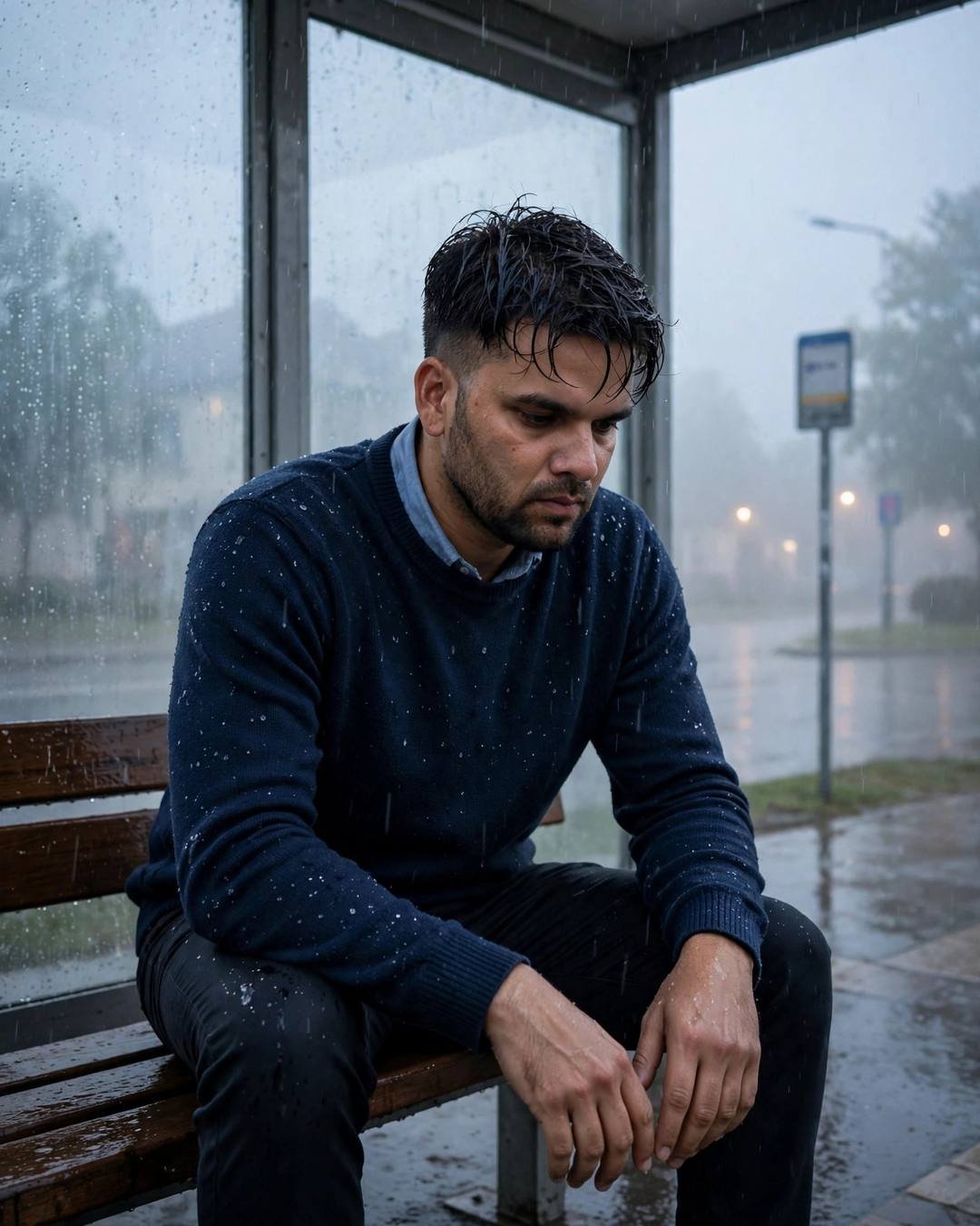 Young Indian man in navy sweater sitting on a rain-wet bus stop bench in the fog with rain-wet hair