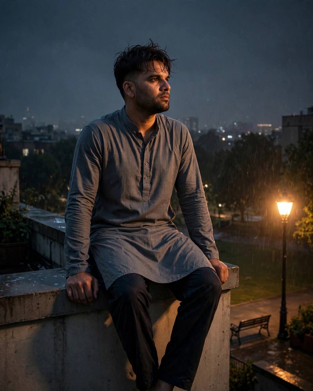 Young Indian man in grey kurta sitting on a rooftop ledge at midnight in drizzle, city lights and a lone lamp behind