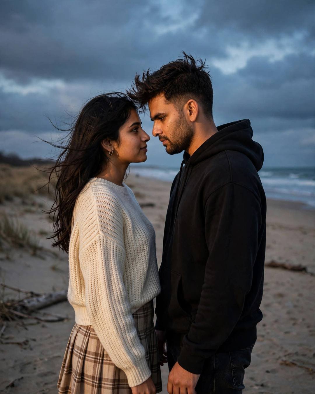 Couple standing face to face, foreheads almost touching, on a deserted beach at dusk under an overcast blue-hour sky