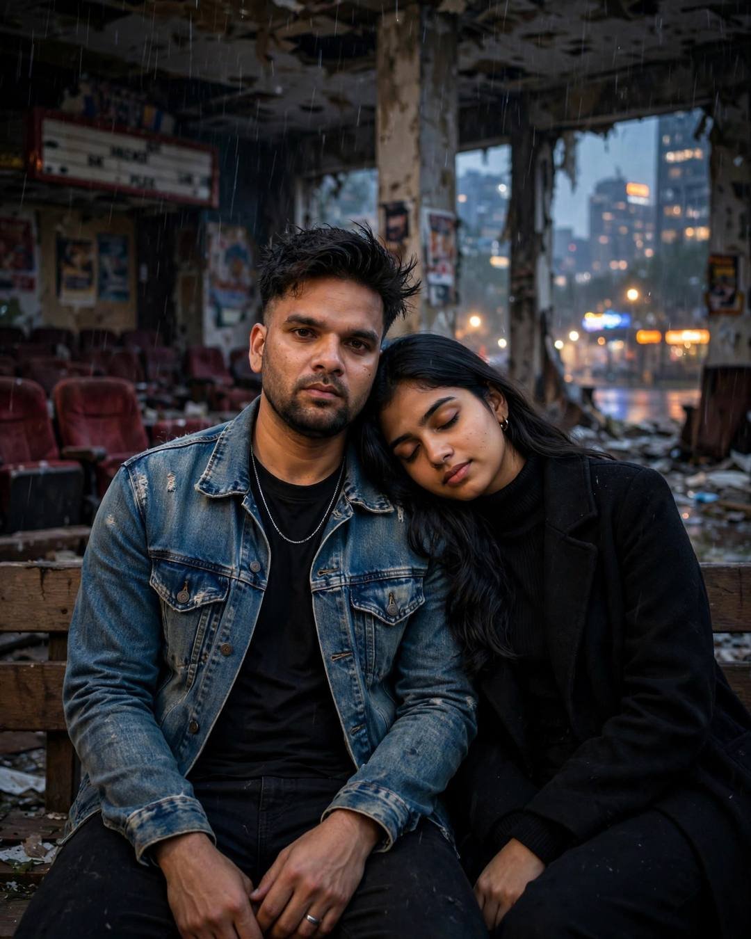 Couple sitting close on a bench inside an abandoned cinema hall, her head on his shoulder, drizzle falling through a broken ceiling