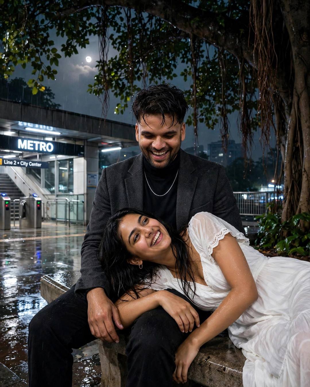 Laughing couple under a banyan tree at a midnight metro station, her head resting in his lap, moonlight on wet streets