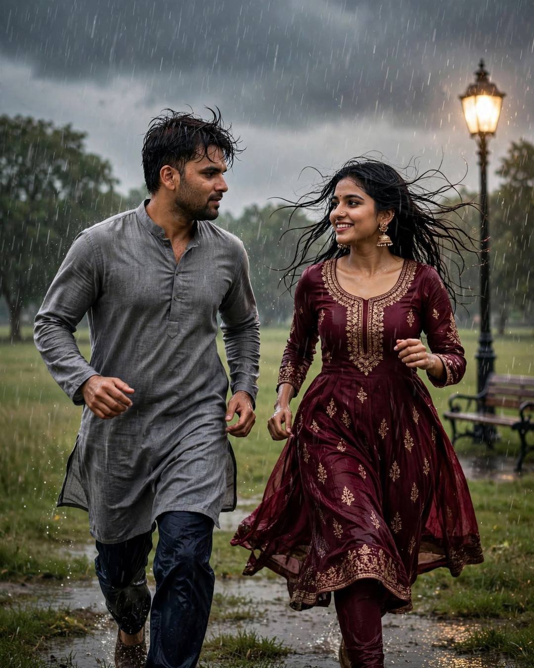 Couple running toward each other through heavy monsoon rain in a park, grey kurta and maroon anarkali, lone lamp glowing behind