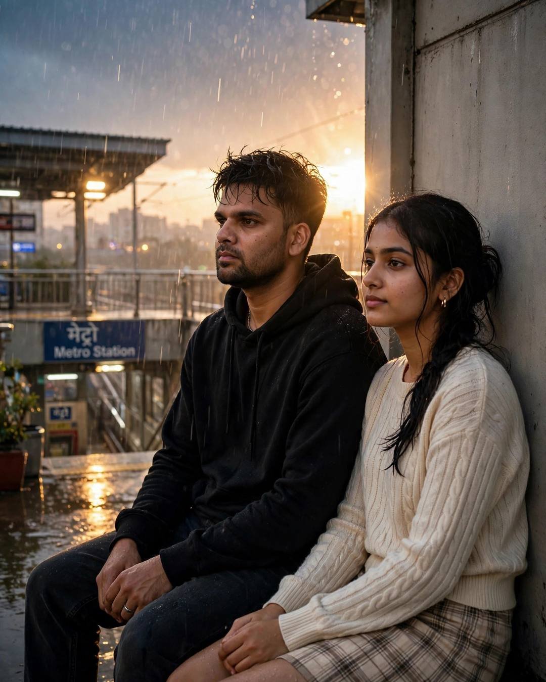Couple seated against a metro station wall sharing golden-hour silence as drizzle falls, backlight blooming around them
