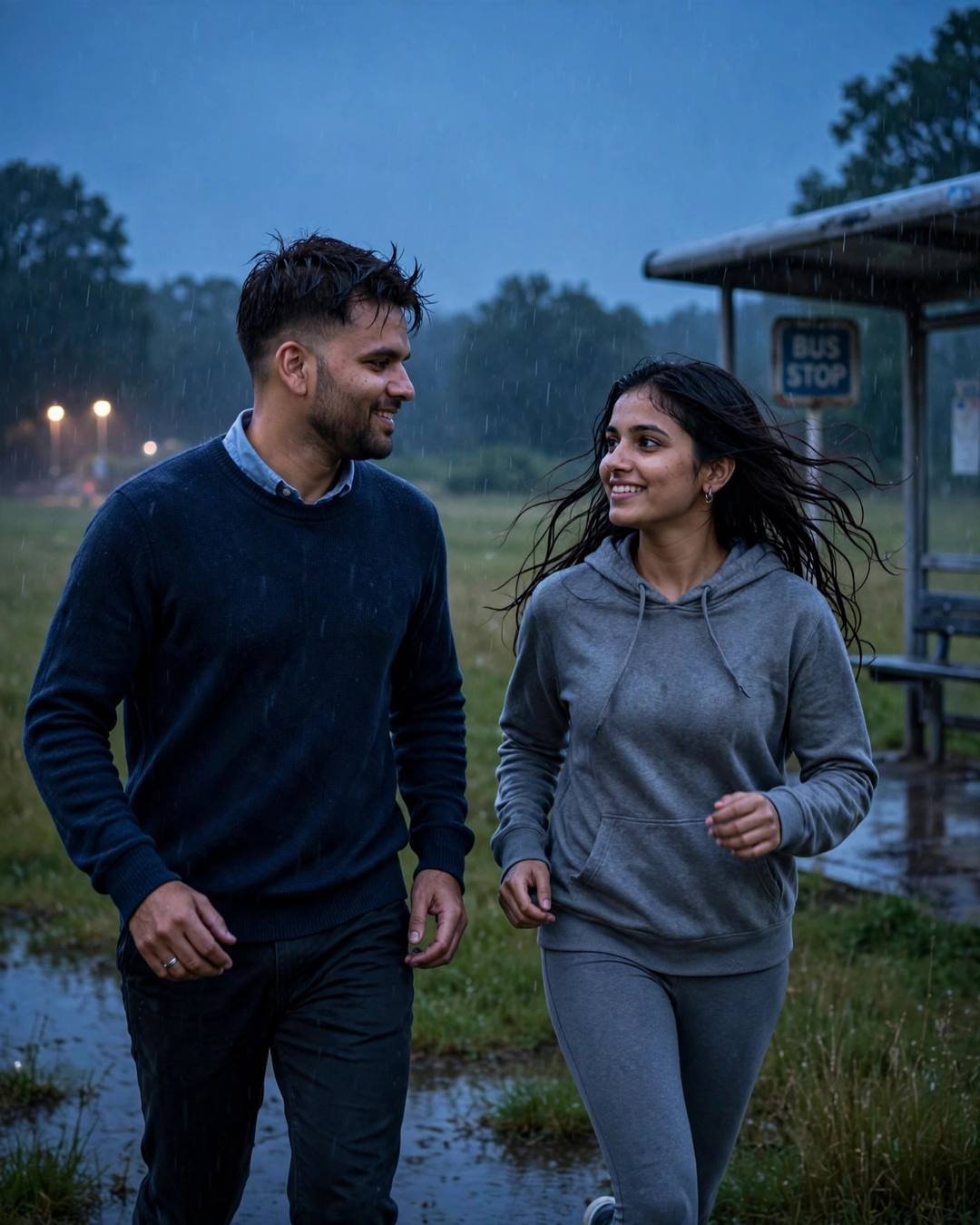 Couple running toward each other at a rain-soaked bus stop at blue hour, drizzle falling, navy sweater and grey hoodie