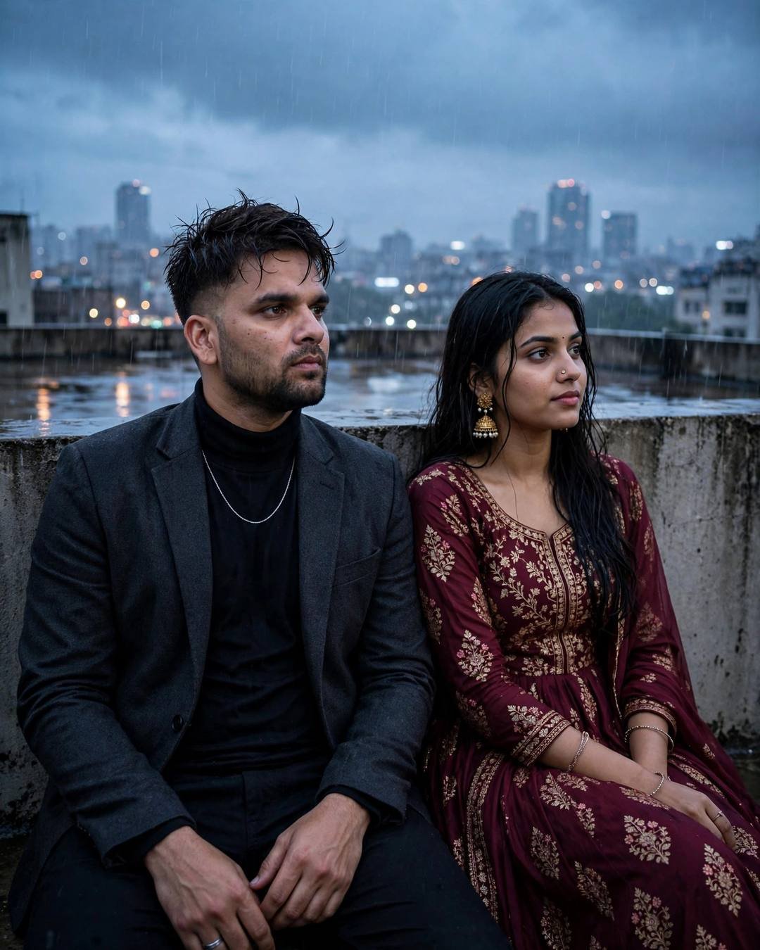 Couple seated on a rooftop overlooking a sleeping rain-washed city at blue hour, backs against the wall, drizzle falling