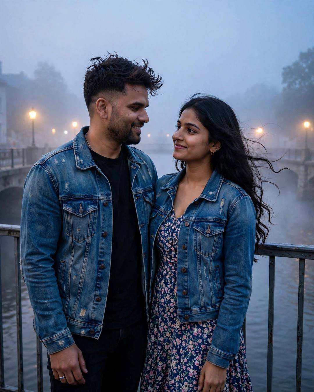 Couple standing close on a foggy bridge over a slow river at night, denim jackets, streetlamps glowing through the fog