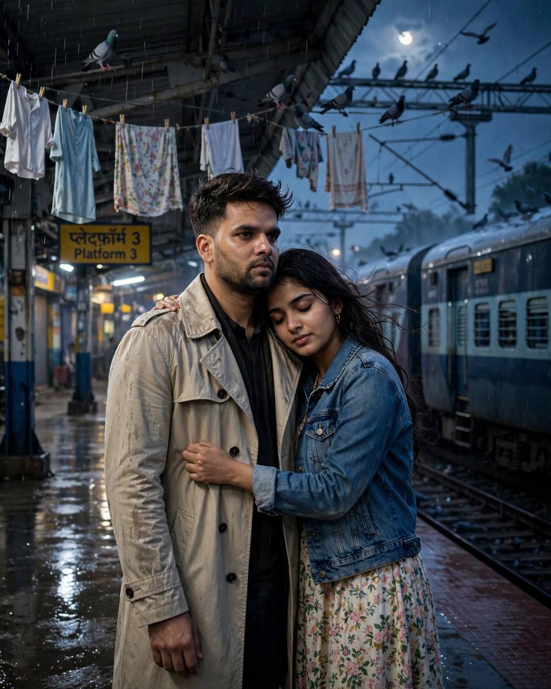 Couple embracing on a moonlit railway platform at night, beige trench coat and floral dress, light rain falling, train waiting behind