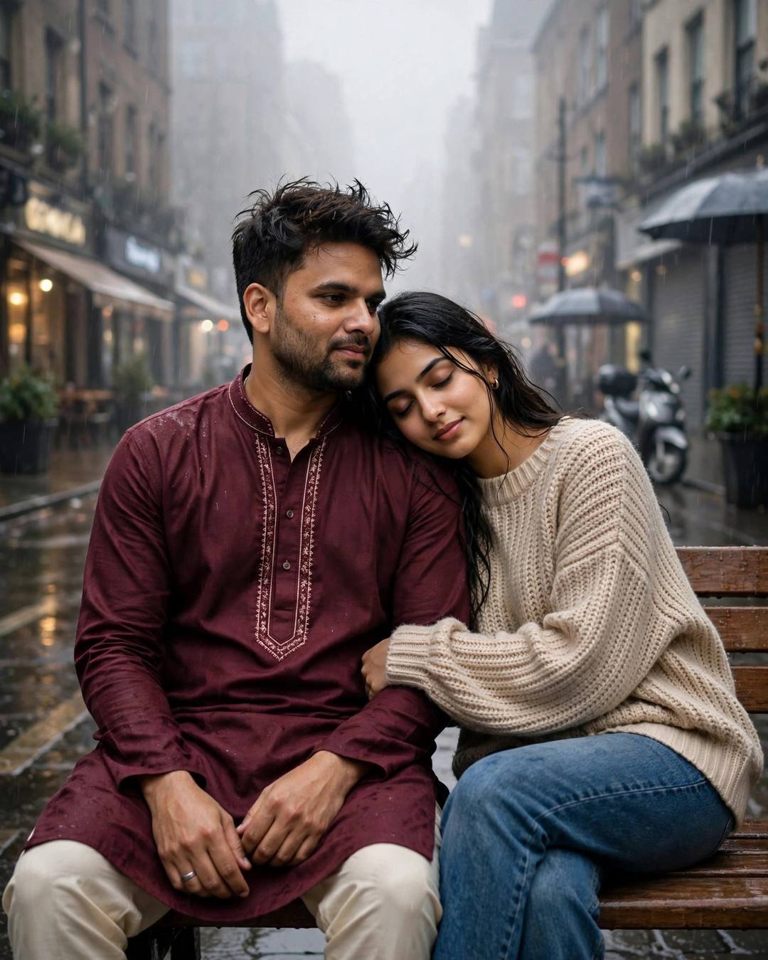 Couple seated on a bench on a rain-soaked city street, maroon kurta and beige sweater, her head resting on his shoulder in the fog
