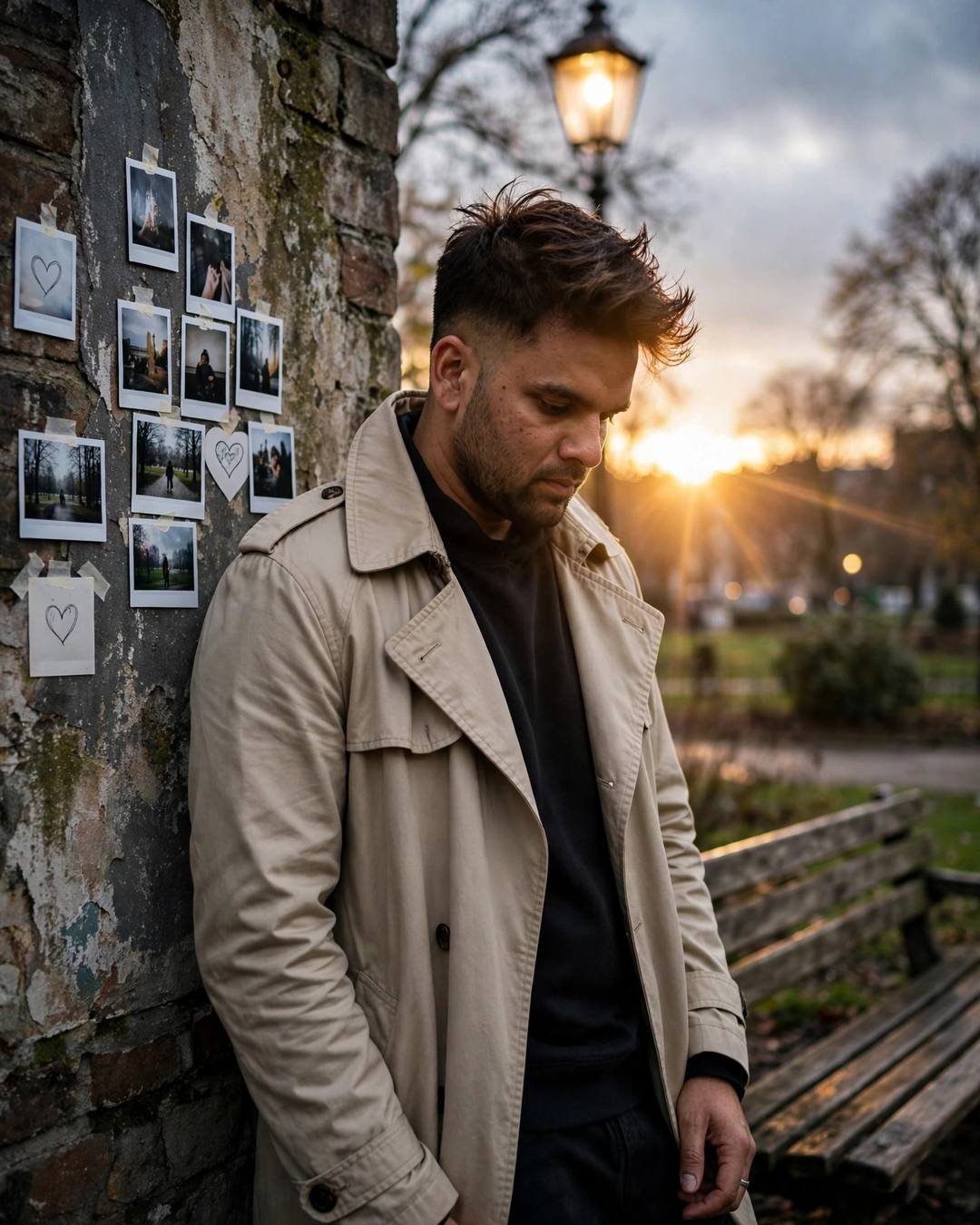 Man in beige trench coat leaning against a weathered wall covered with taped polaroids and heart notes, golden backlight with lens flare